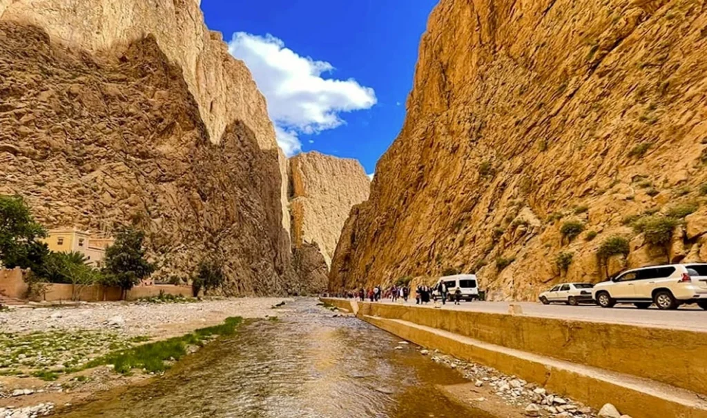 Todra Gorge cliffs and river during Morocco desert tour from Fez to Marrakech via Merzouga